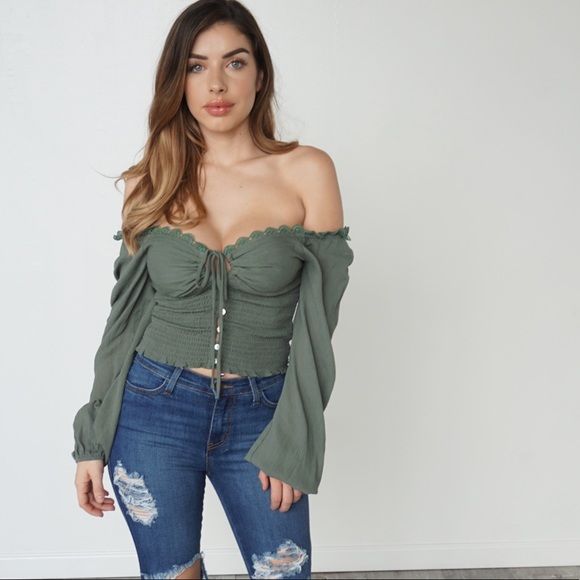 Open Edit Small Size Olive Avocado Ruched Crop Top
